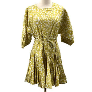 AAKAA SZ S Green 3/4 Puff Sleeve Floral  Cotton Belted Mini Dress NWT B161